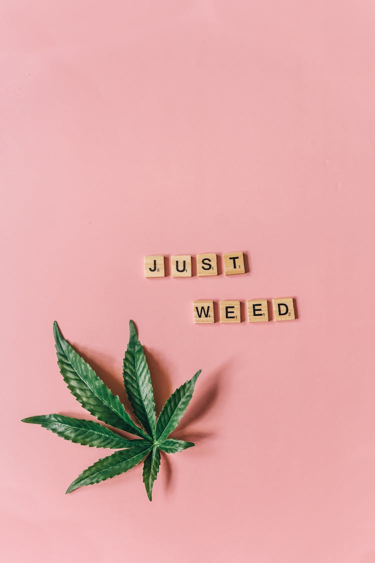 Marijuana Leaf And Scrabble Tiles On Pink Surface