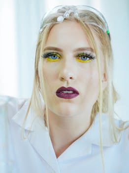 A female scientist with striking makeup wearing protective goggles in a laboratory setting.