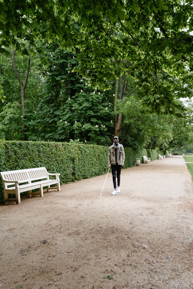 Blind Man Walking In A Park With A Cane 