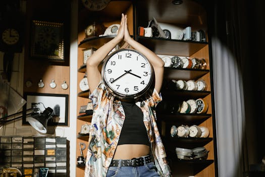 A person with a clock as a head in a watch shop, expressing a creative time concept.