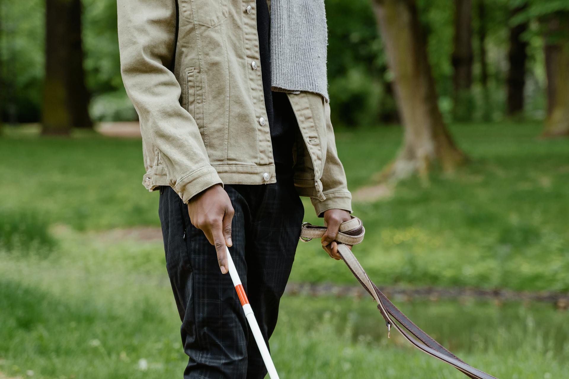 Person Holding a Dog Leash and a White Cane