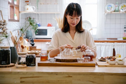 Woman preparing herbal tea with herbs and spices in a cozy kitchen setting filled with natural light.