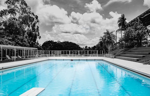 White Concrete Framed Swimming Pool Near Benches With Gate Surrounded by Trees