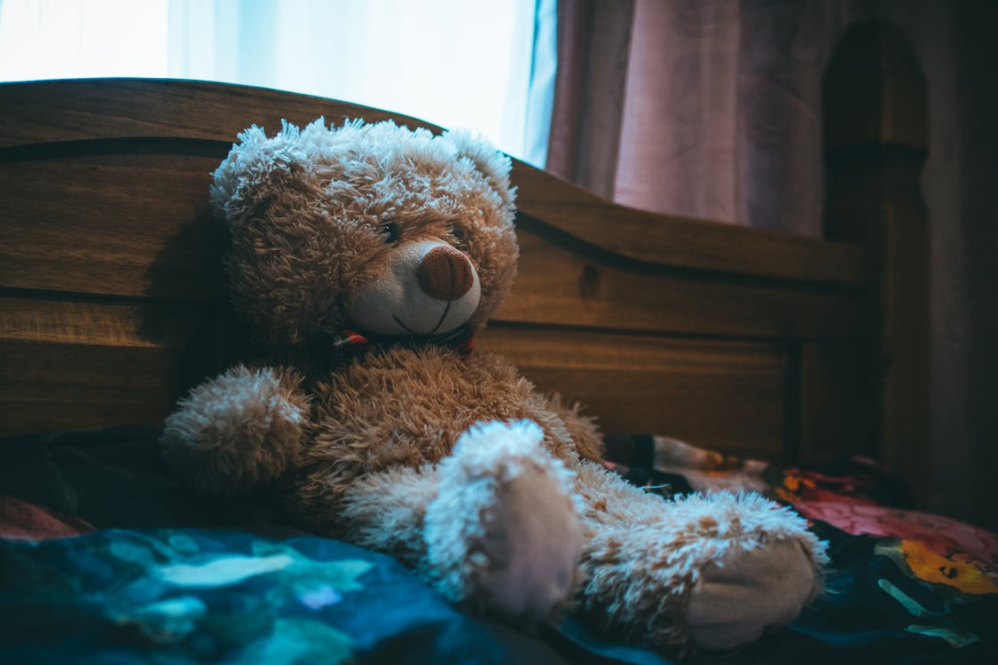 Free Brown Bear Leaning on Bed Headboard Stock Photo