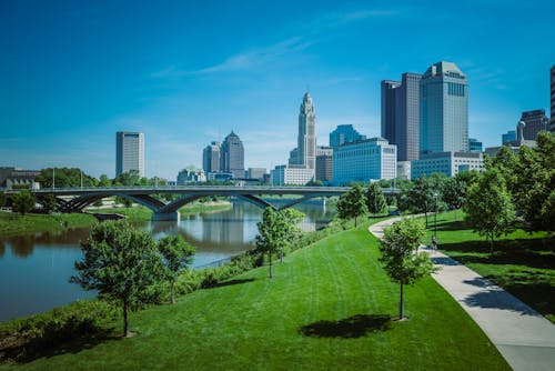 Park and River near Modern City Downtown