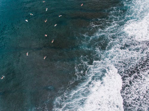 An Aerial Photography of People Surfing on the Sea