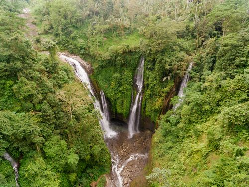 Free A breathtaking aerial shot of lush green forests with cascading waterfalls. Stock Photo