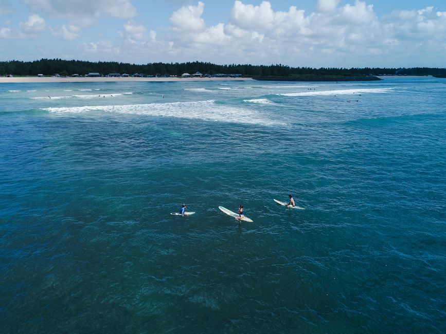 Aerial photography captures surfers paddling on turquoise waters against a beach backdrop.