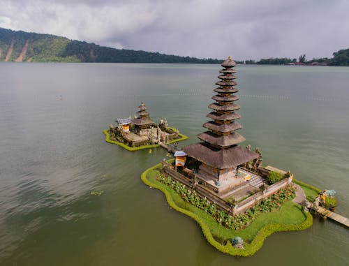 An Aerial Shot of the Pura Ulun Danu Bratan Temple in Indonesia