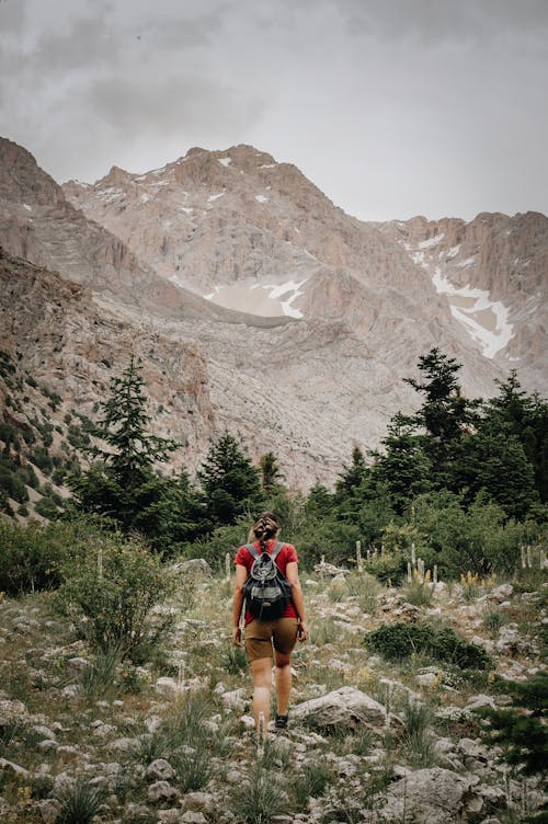 A Woman Walking on a Shrubland