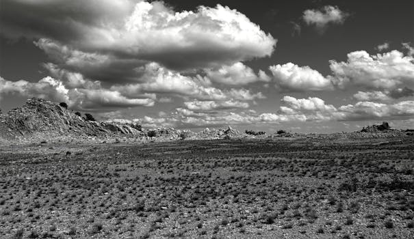 在戏剧性的云层下，黑白风景令人惊叹地捕捉到了岩石沙漠
