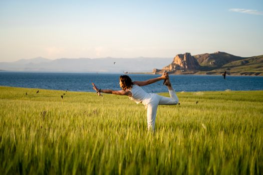 A serene scene of a woman doing yoga on a green field by the picturesque lake in Van, Turkey, promoting wellness.