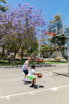 Two boys playing basketball on an outdoor court under a sunny sky with blooming trees.
