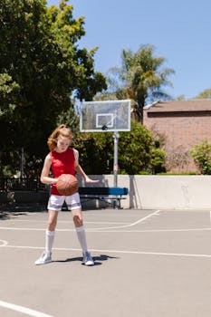 Young girl practicing basketball dribbling on a sunny outdoor court.