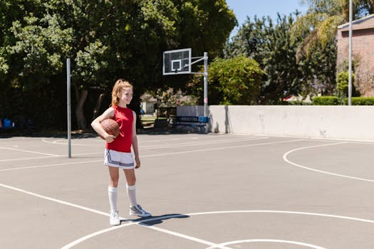 A young girl holding a basketball on an outdoor court, enjoying a sunny day.
