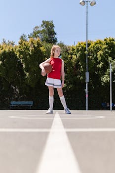 A young girl in red sports attire holding a basketball on an outdoor court.