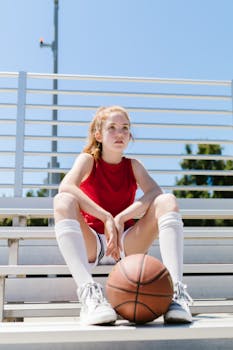 A young girl in athletic attire sits on bleachers with a basketball on a sunny day.