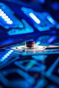 Dynamic close-up of a neon-lit gaming arcade with vivid colors and futuristic ambiance.