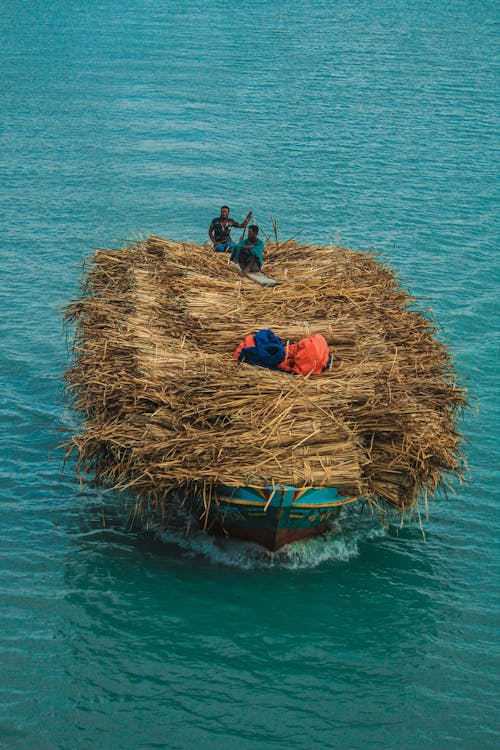 People transporting Hay on a Boat 