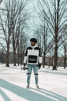 A young man stands with a drone in a winter park, surrounded by leafless trees.