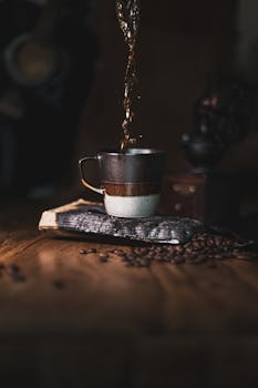 Artistic shot of coffee being poured into a rustic mug amidst beans on a wooden table.