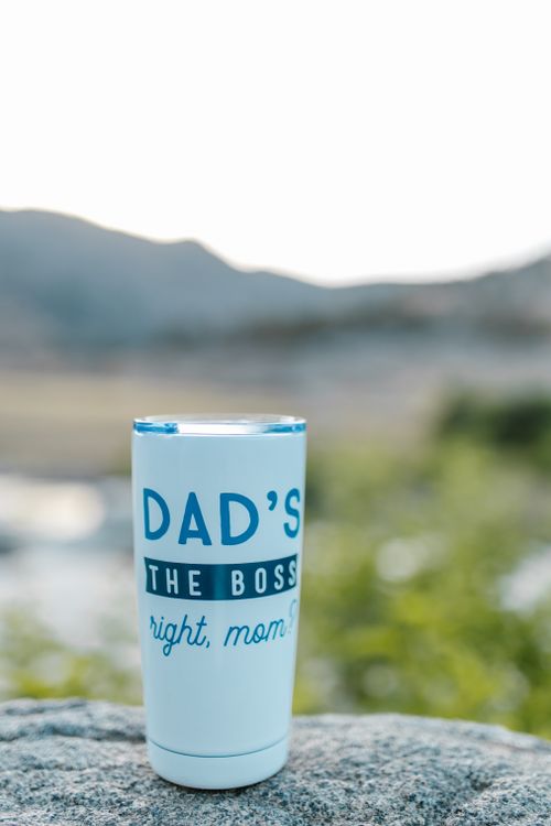 Free Close-up of a dad-themed tumbler on a rock outdoors, with blurred natural background. Stock Photo