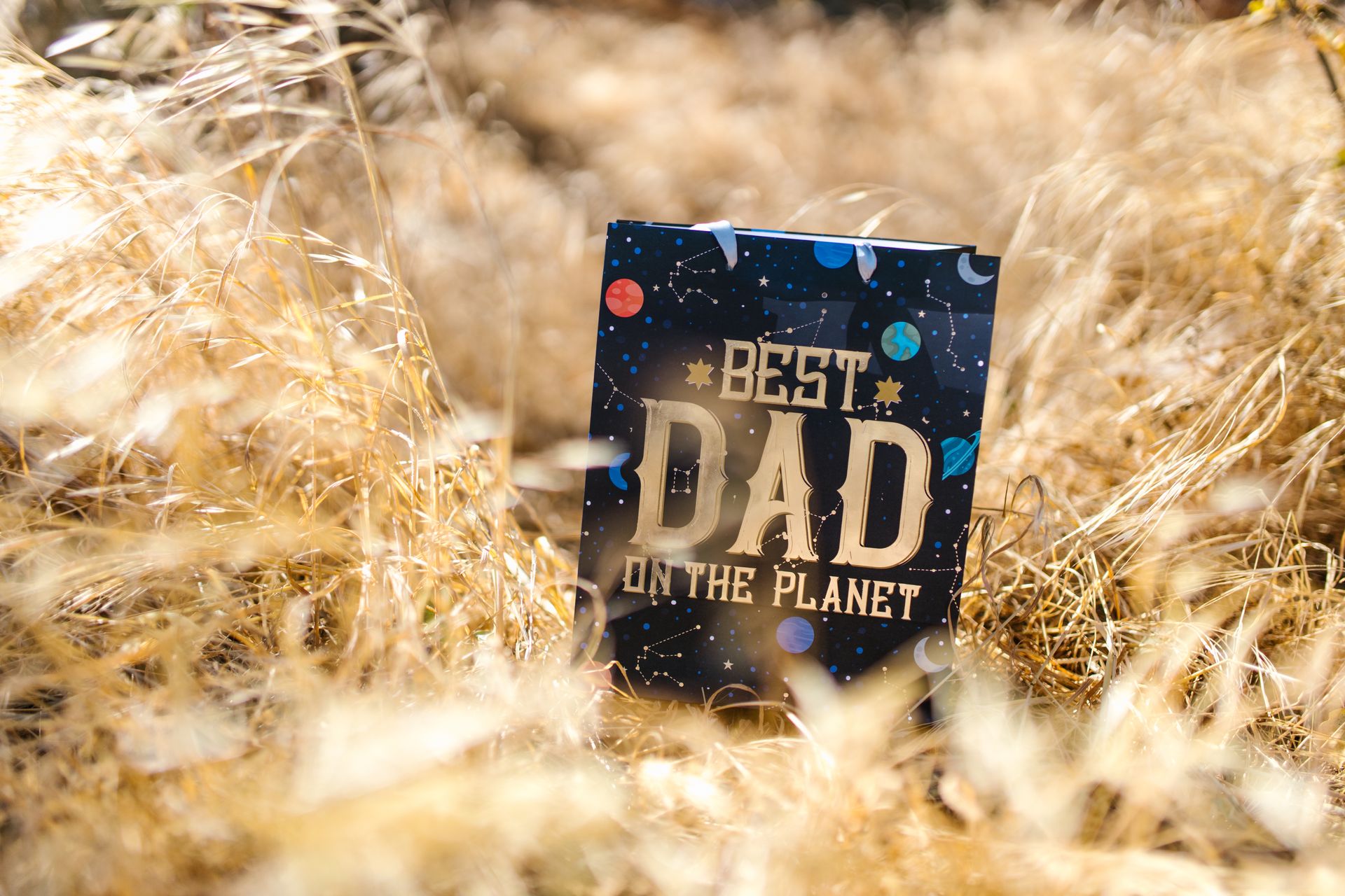 A 'Best Dad on the Planet' card amidst a field of dried grass, perfect for Father's Day gifts.
