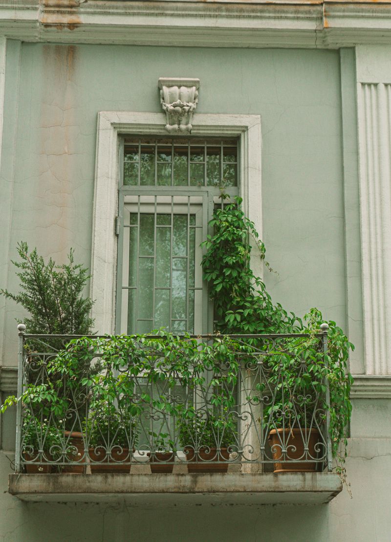 Balcón con jardín vertical y plantas en una fachada urbana