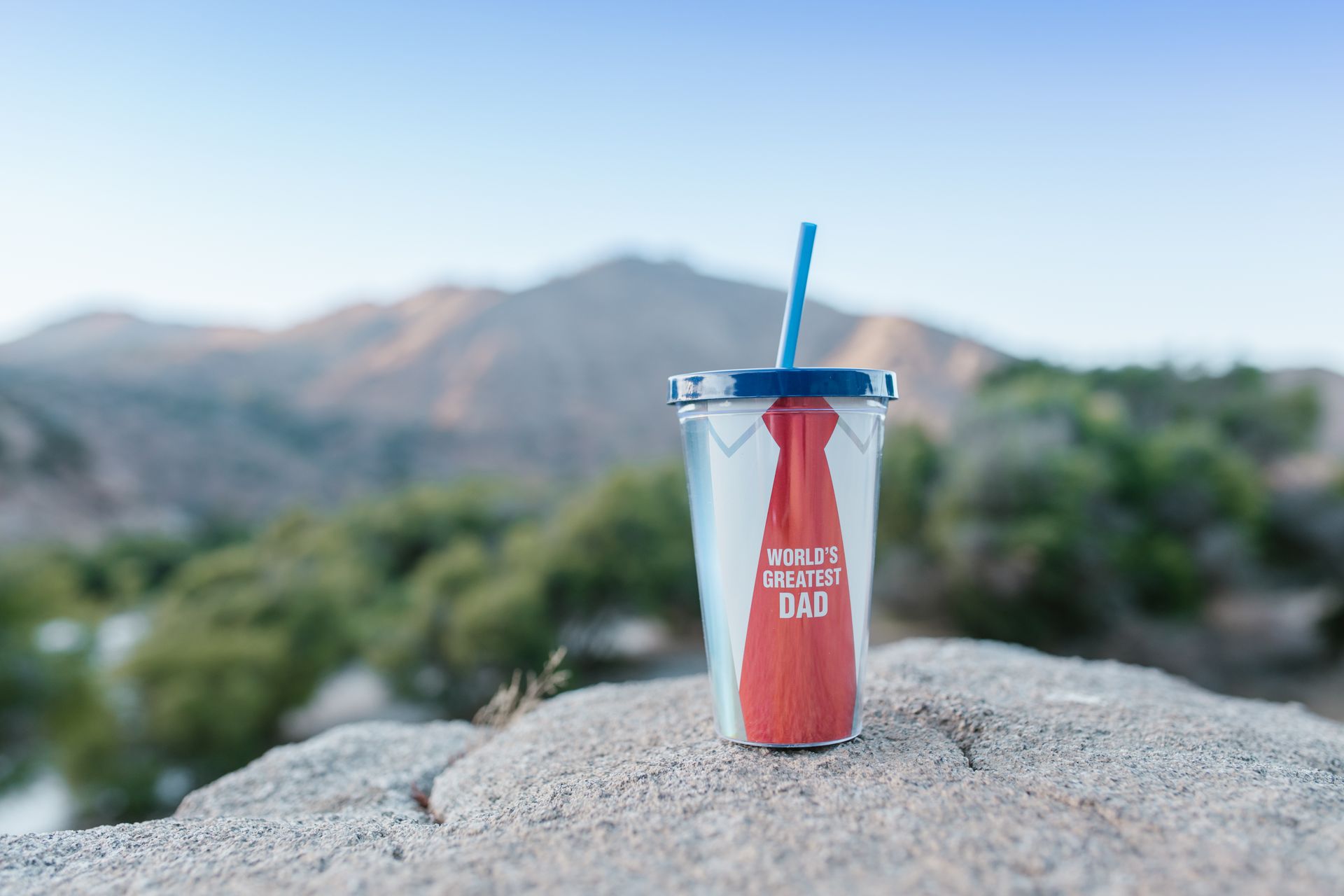 Focus on a personalized tumbler with a mountain backdrob, ideal for Father's Day.
