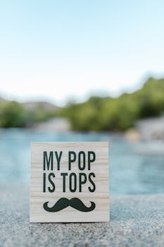 A wooden block with 'My Pop is Tops' next to a river.