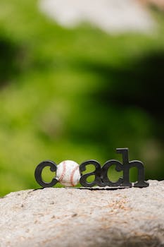 Close-up of a baseball and coach sign on a rock with green background.