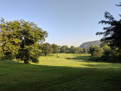 Lush green fields and trees under a clear blue sky in Ranchi, India.