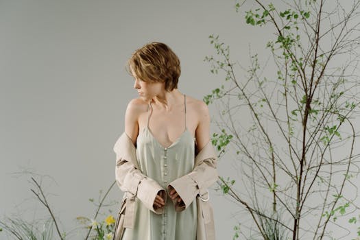 A fashionable model in a spaghetti strap dress stands against a botanical-inspired studio backdrop.