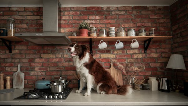 A charming Border Collie sits on a kitchen counter amid contemporary design and cookware.