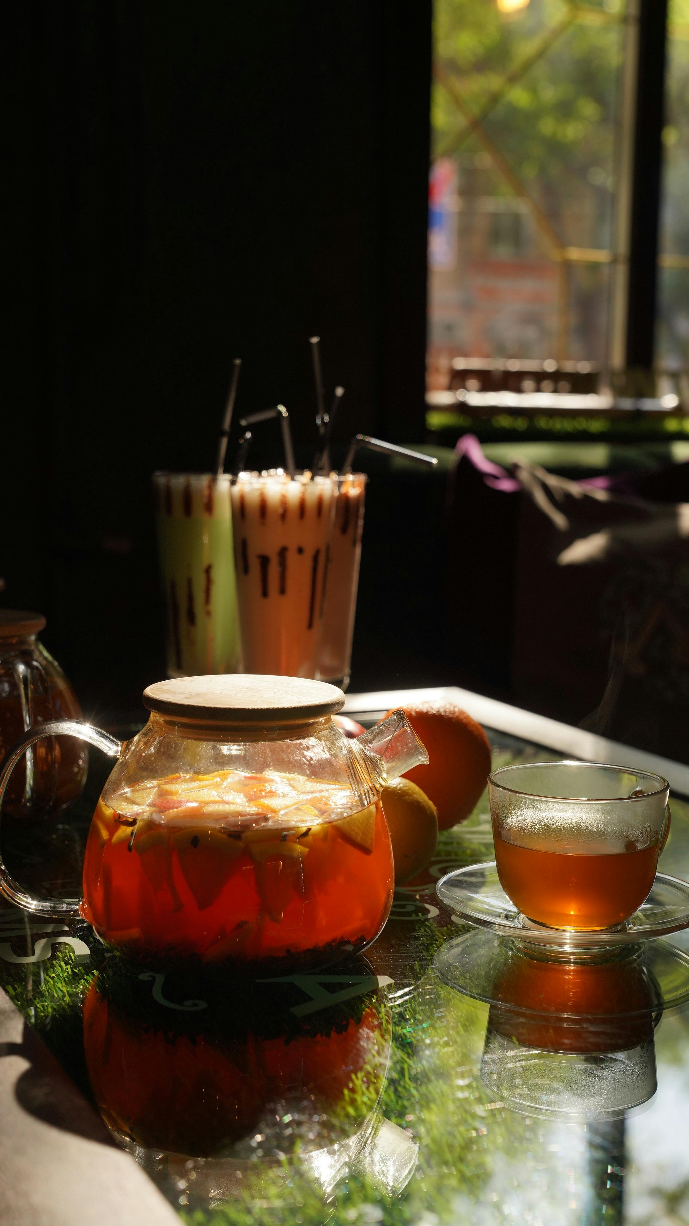 tea on a glass cup over the table