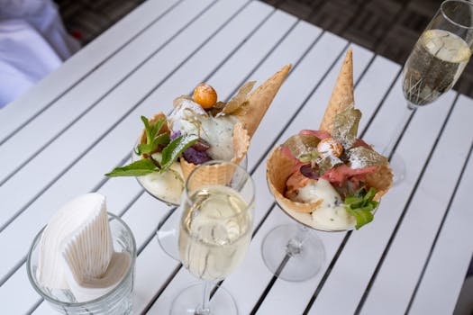 Glass cups of ice cream with mint leaves and champagne on a white table.