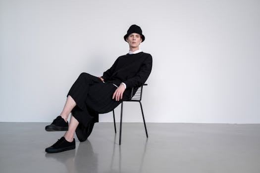 Stylish man in black attire sitting on a chair, showcasing modern minimalist fashion.