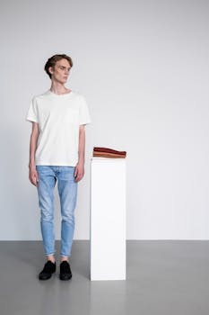 A man in casual attire stands next to a pedestal with folded shirts in a minimalist studio setting.
