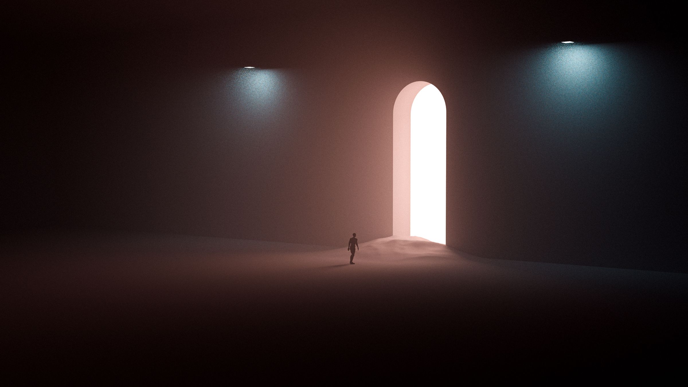 A lone figure walking toward a tall, brightly lit doorway in a dark hall