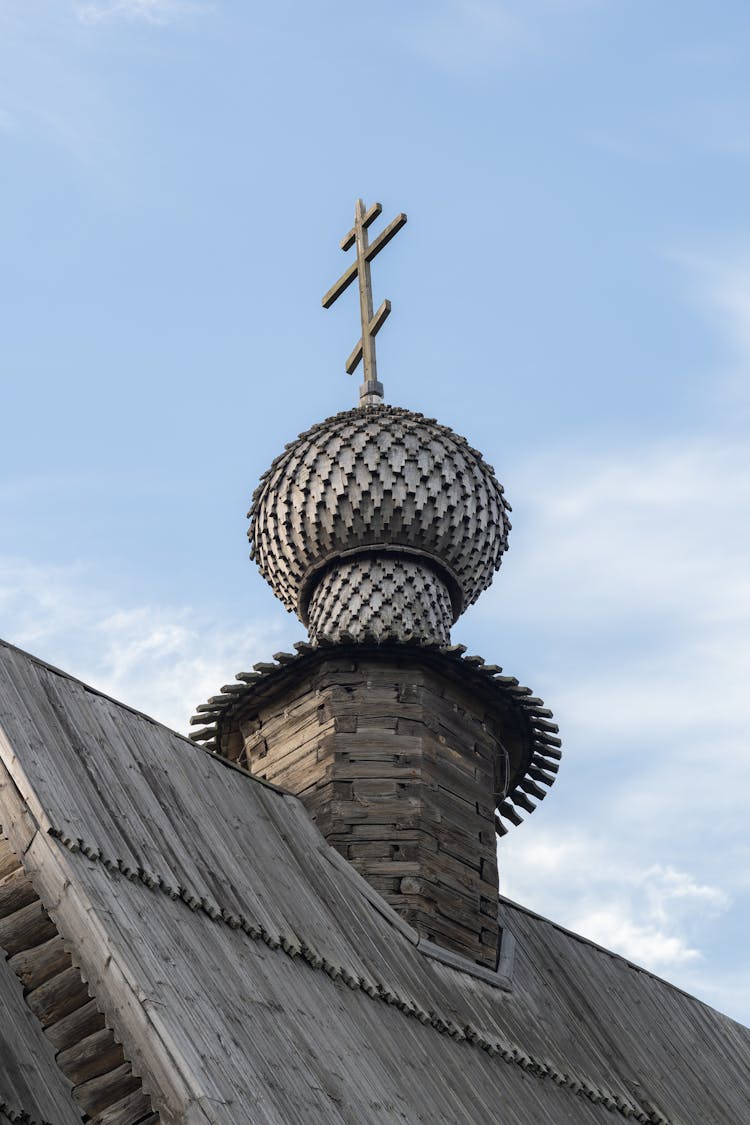 Roof Of Wooden Church With Cross