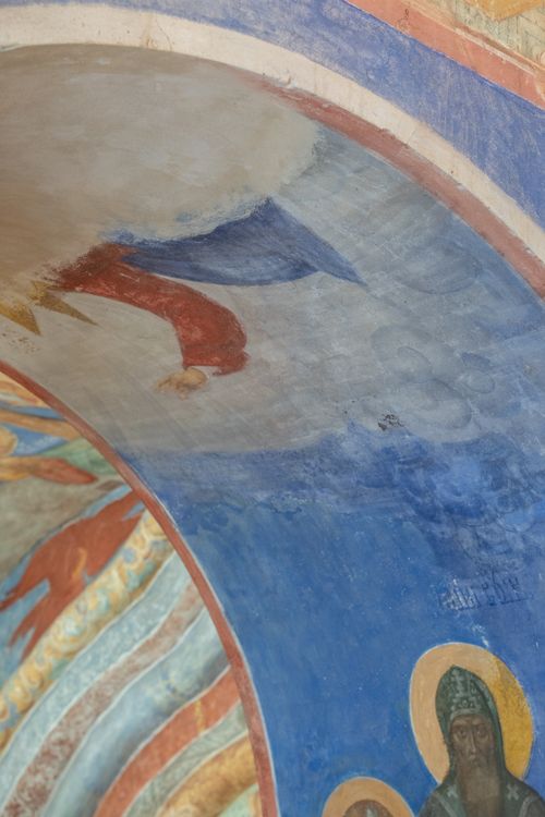 Free Detailed view of a vibrant fresco depicting religious figures in a historic church interior. Stock Photo