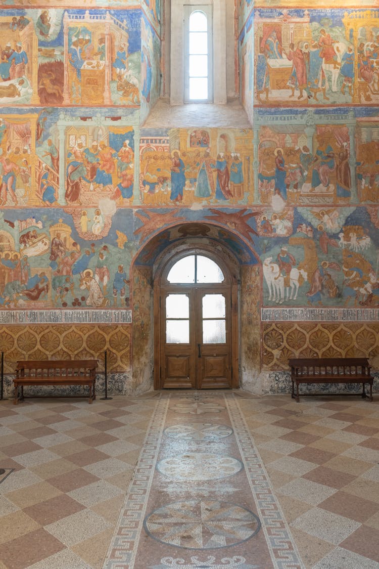 Wall Of Fresco With An Arched Door