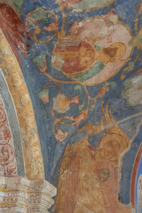 Free Historic religious fresco with weathered paint on an aged ceiling in classical architecture. Stock Photo