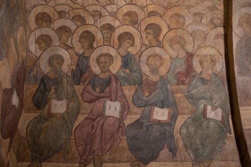 Free Intricate fresco depicting saints in an Orthodox church setting, showcasing historic religious art. Stock Photo