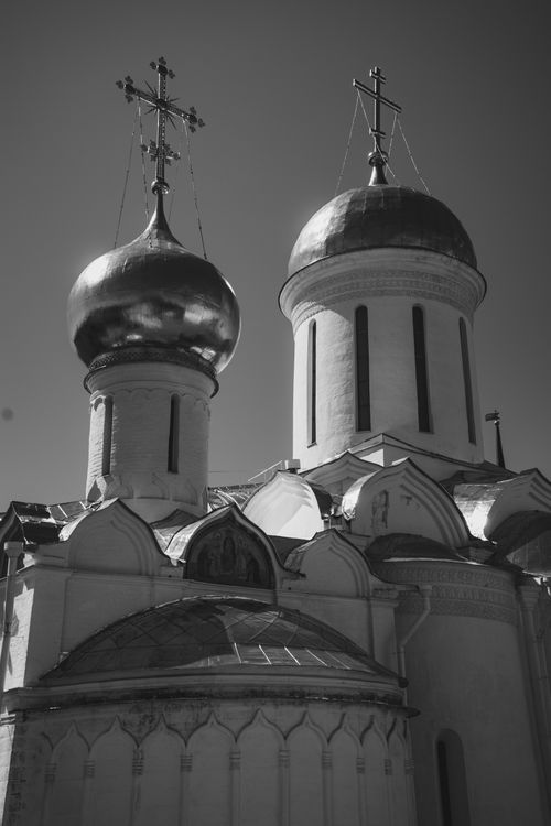 Free Monochrome view of Russian Orthodox cathedral domes with crosses against the sky. Stock Photo