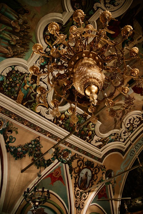 Golden Chandelier on Ceiling of Church