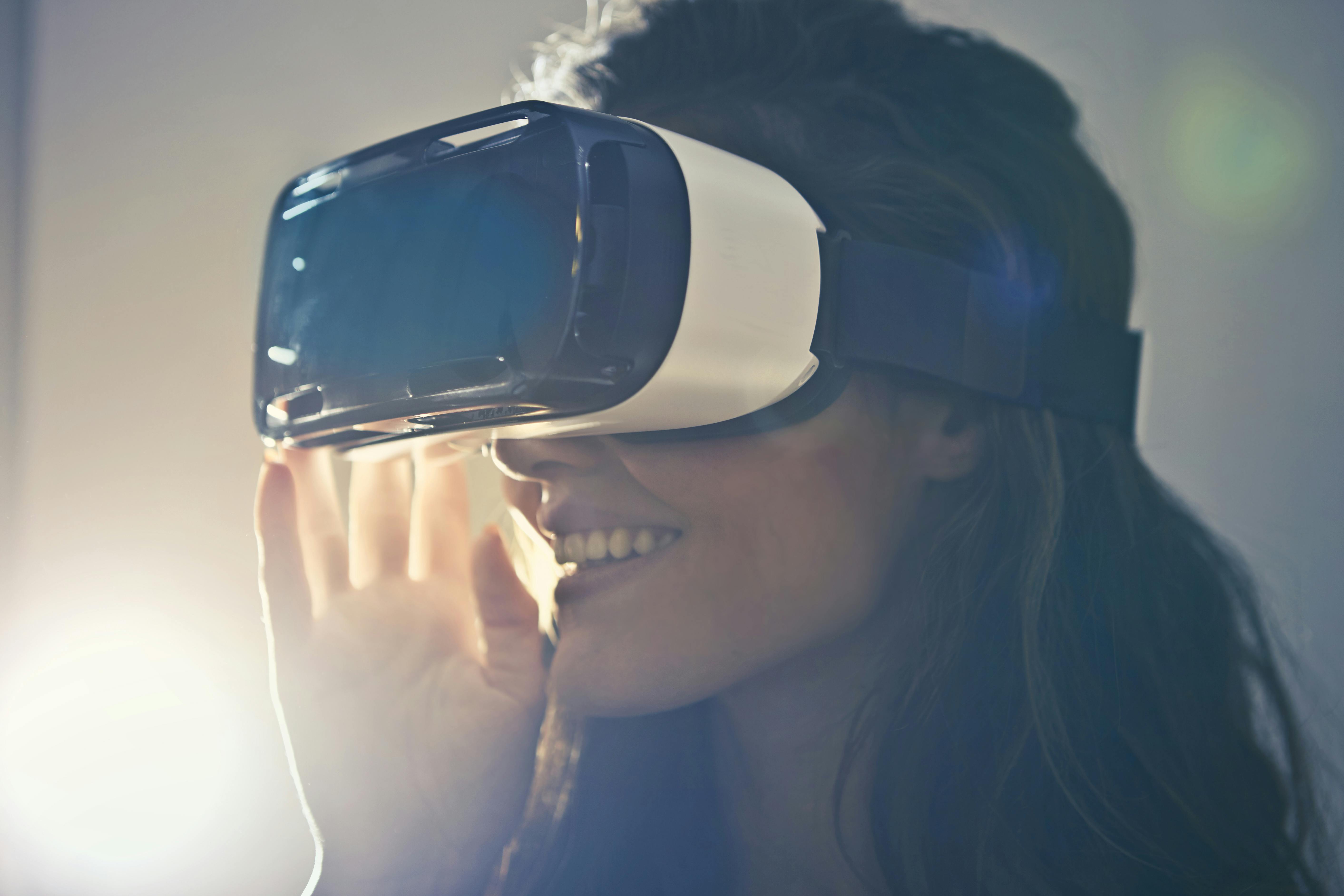 Woman wearing virtual reality googles.