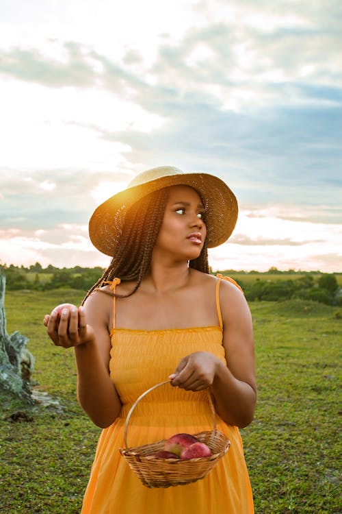 Foto profissional grátis de bonita, cabelo trançado, cesto de frutas