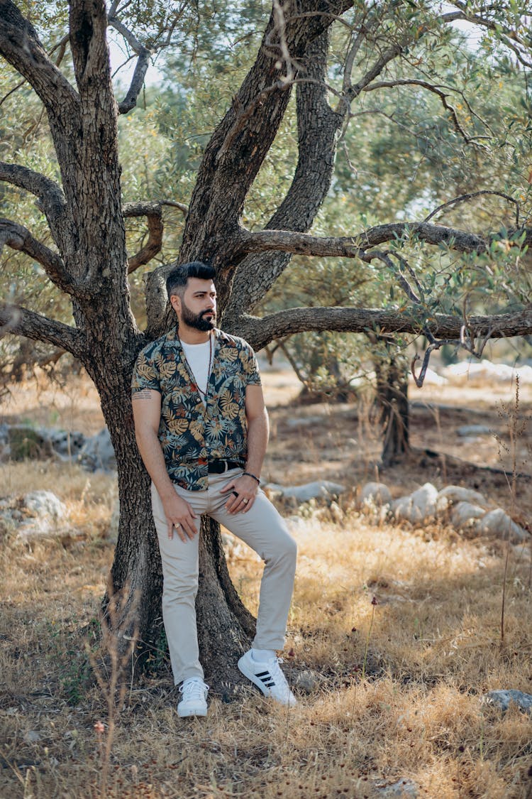 Bearded Man Leaning On The Tree Trunk