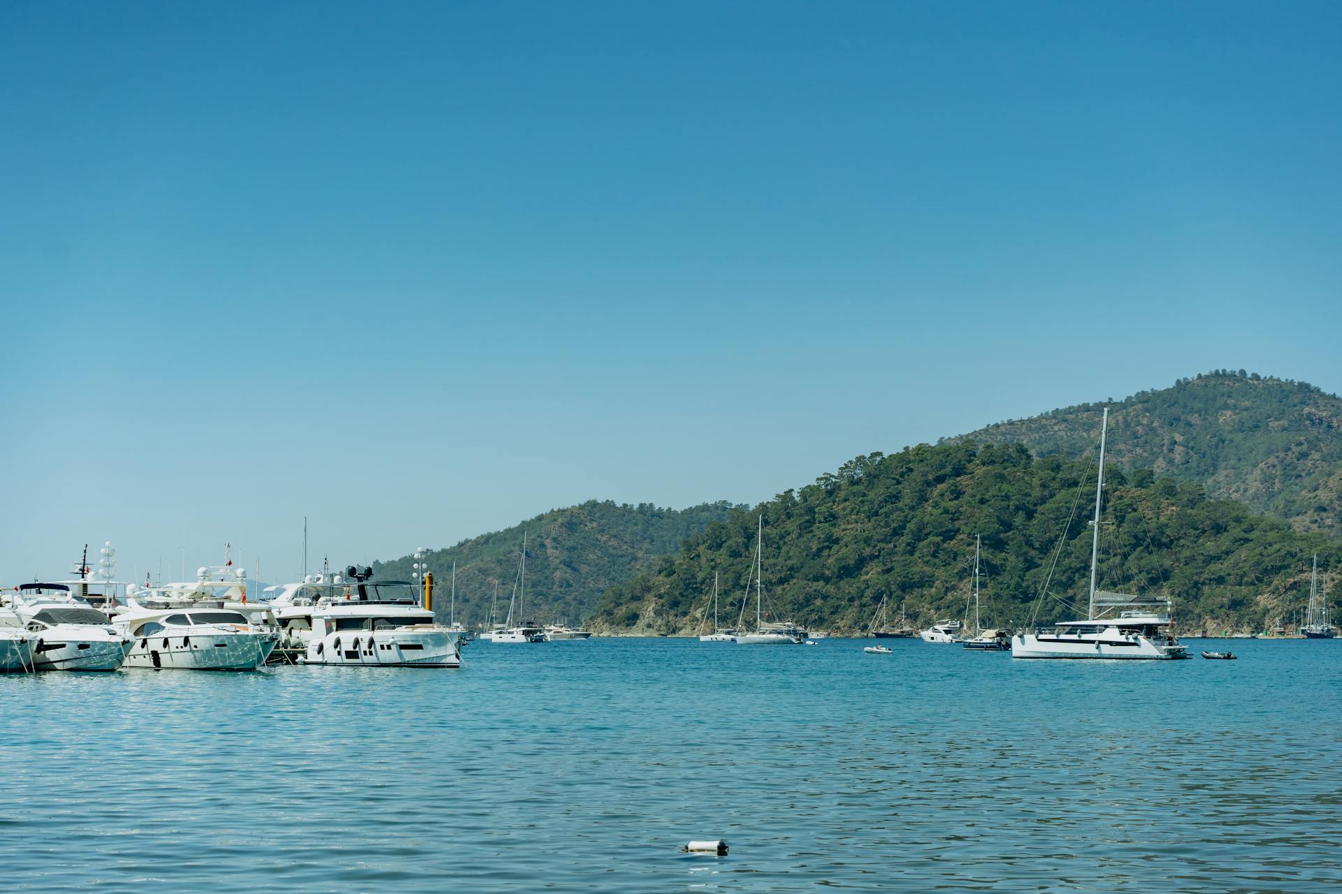 A serene scene of yachts anchored in a calm bay with a lush green mountain in the background.